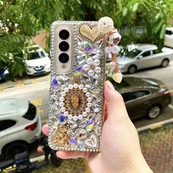 Rhinestone Pearl Relief Goddess Portrait Phone Case For Samsung Galaxy Z Fold 6 5 4 3 2 Diamond Crystal Love Heart Bear PC Cover