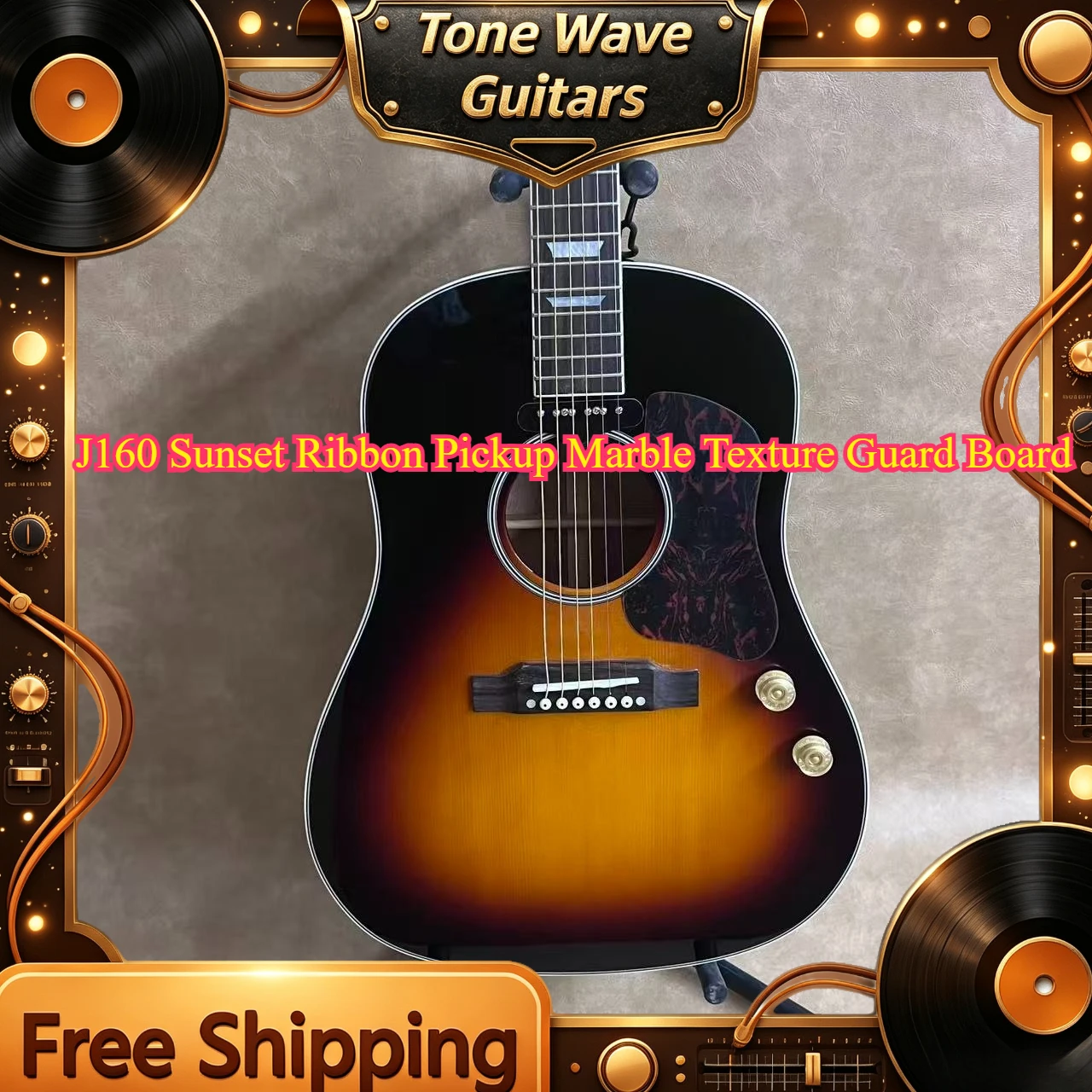 Acoustic Guitar J160 Sunset Ribbon Pickup Marble Texture Guard Board 41inch Peach Blossom Core Piano Body Rose Wood Fingerboard