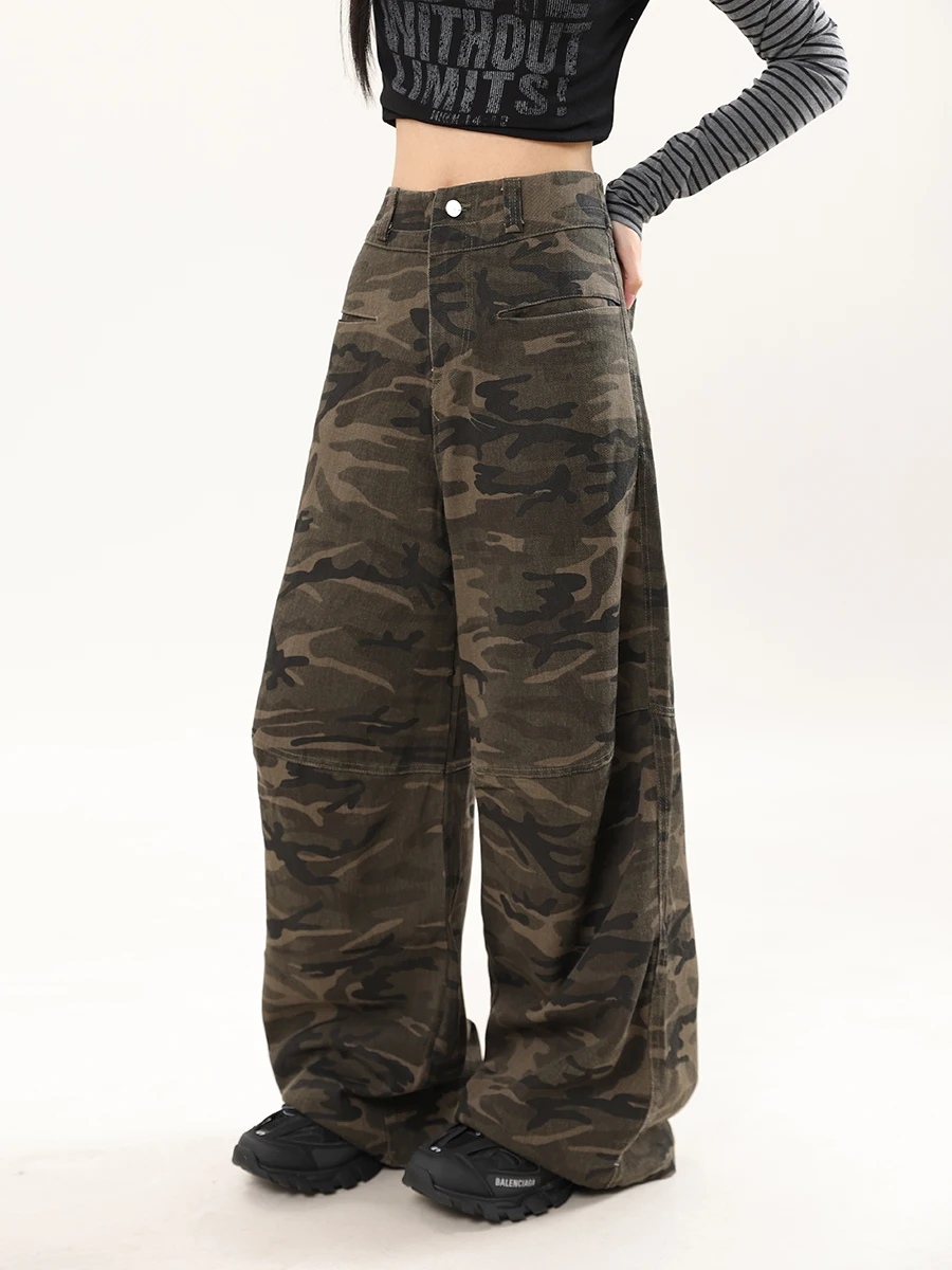 AONW American Retro Camouflage Work Pants Women Summer New Loose Straight Floor-Length Pants Street Sle Casual Trousers