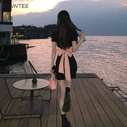 Short Sleeve Dresses Women Sexy Sweet French Style Summer Temperament Bow Black Basic Design Students Vestido Feminino Ulzzang