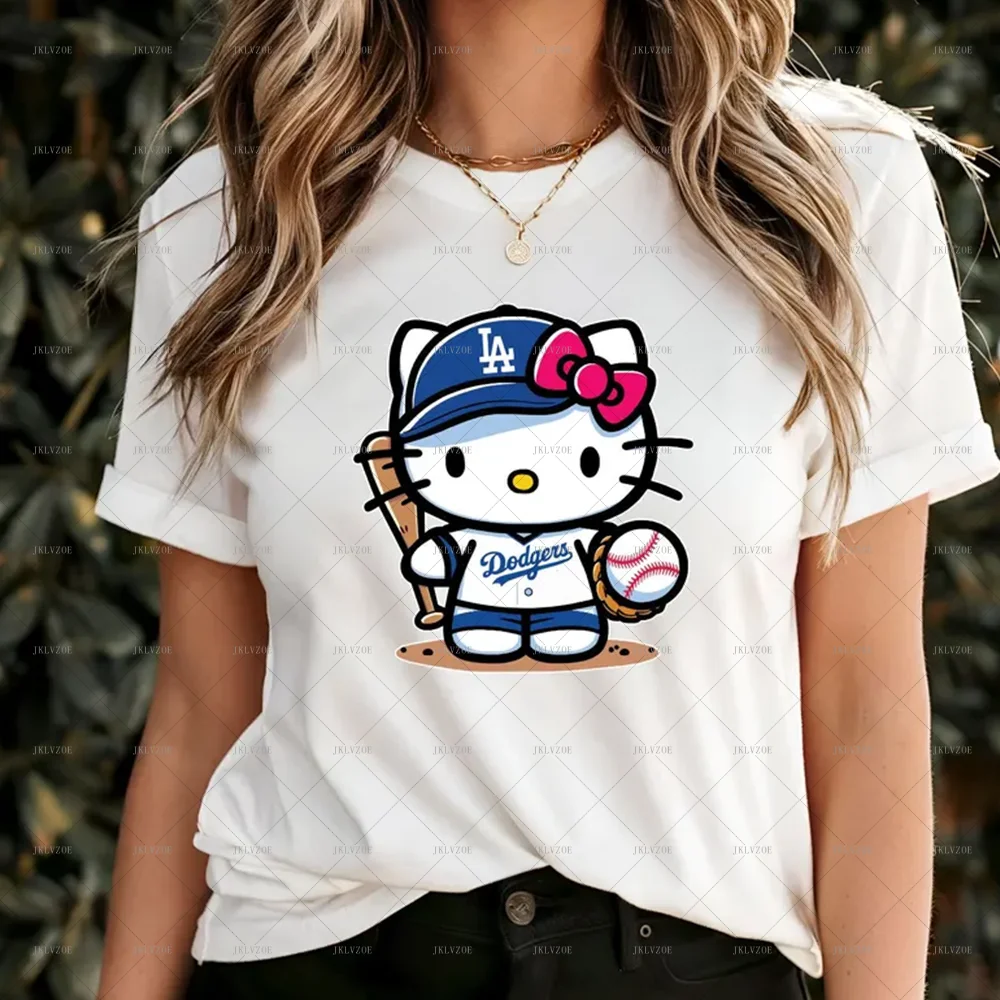Camiseta clásica Vintage de béisbol de los Dodgers de Hello Kitty para mujer, camisetas de béisbol de Hello Kitty, camisetas deportivas de Disney
