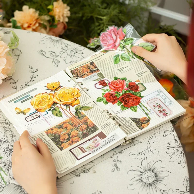 10pcs collage background Dairy Sticker size PET Crystal ink large materials hand curtains stickers rose stickers  6 designs
