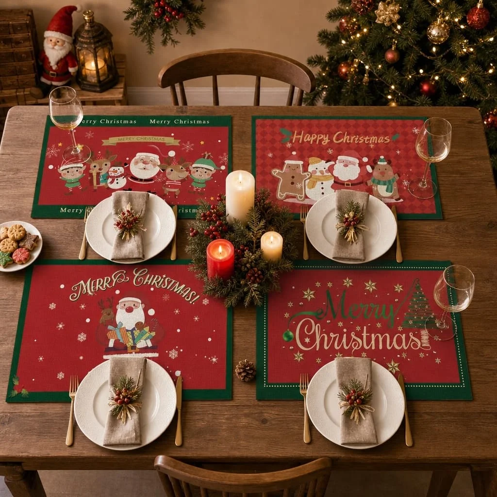 Christmas red rectangular linen placemats family dinner restaurant Christmas party desktop decoration supplies