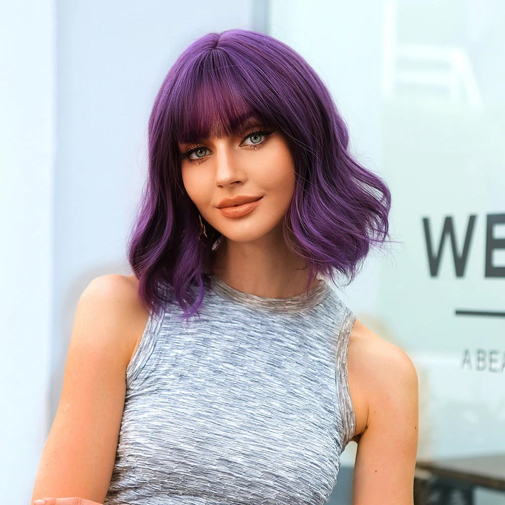 Dark Purple Short Bob Synthetic Wigs Water Wavy Wig Cosplay Hairs with Bangs for Women Natural Heat Resistant Lolita Party Use