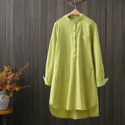 Cotton Shirts Womens 2022 Autumn Fall Stand Collar Loose Linen Blouse Female Front Pockets Solid Color Long Sleeve Tops Women