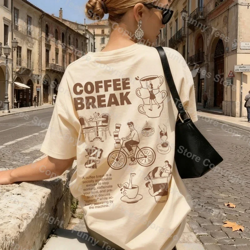 Coffee Break Retro Graphic Tees Cute Funny Coffee Lover T Shirt Barista Shirt Women Men Oversized Aesthetic Streetwear Top Gifts