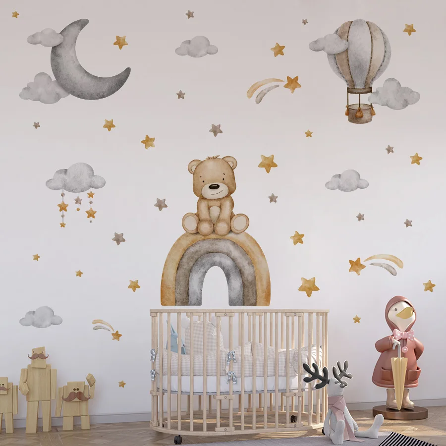 

Cartoon Cute Bear Wall Stickers For Children's Room Kids Bedroom Baby Room Decor Rainbow Hot Air Balloon Stars Home Decoration
