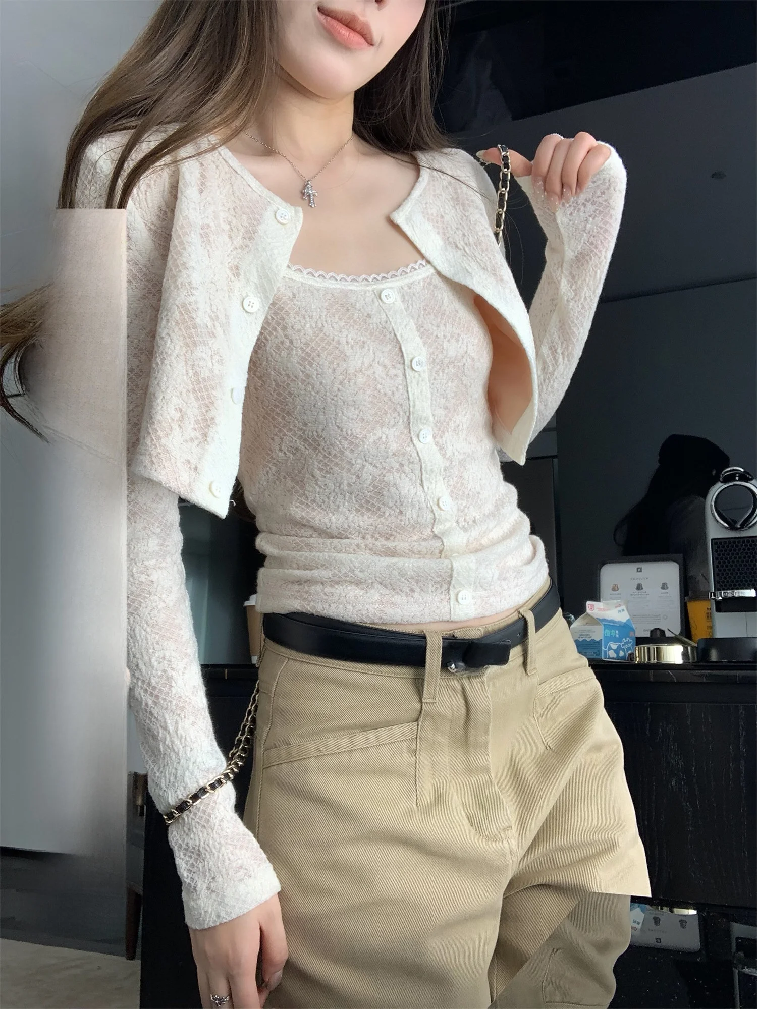 

Hhi Lace Knitted ort Set Women's Spring Casual Sle Long Sve round Ne Two-Piece Suit Floral Pattern Button Closure