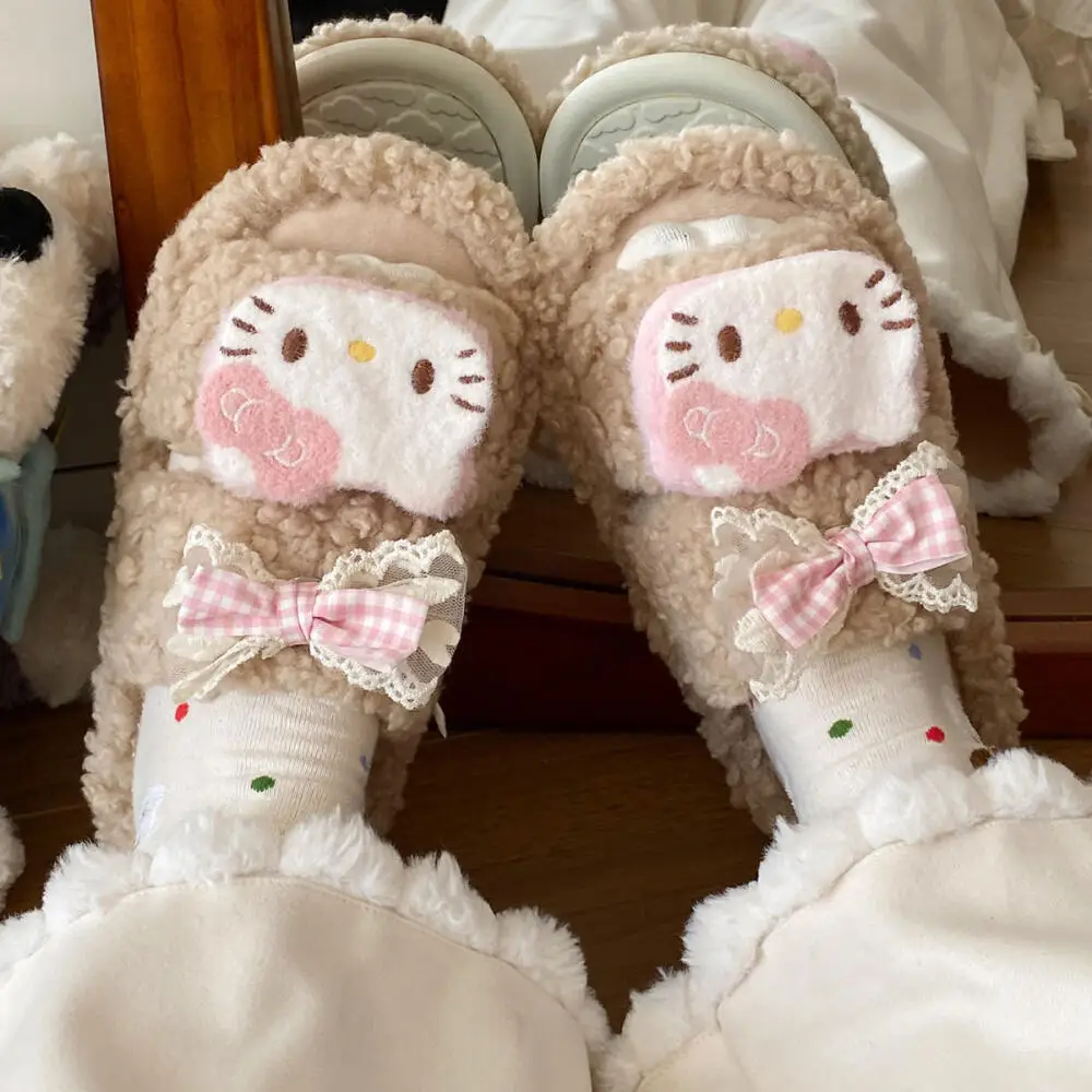 Kawaii женская обувь с героями мультфильмов, бархатные теплые удобные тапочки с милым бантом в стиле аниме, зимние пушистые тапочки, домашние тапочки
