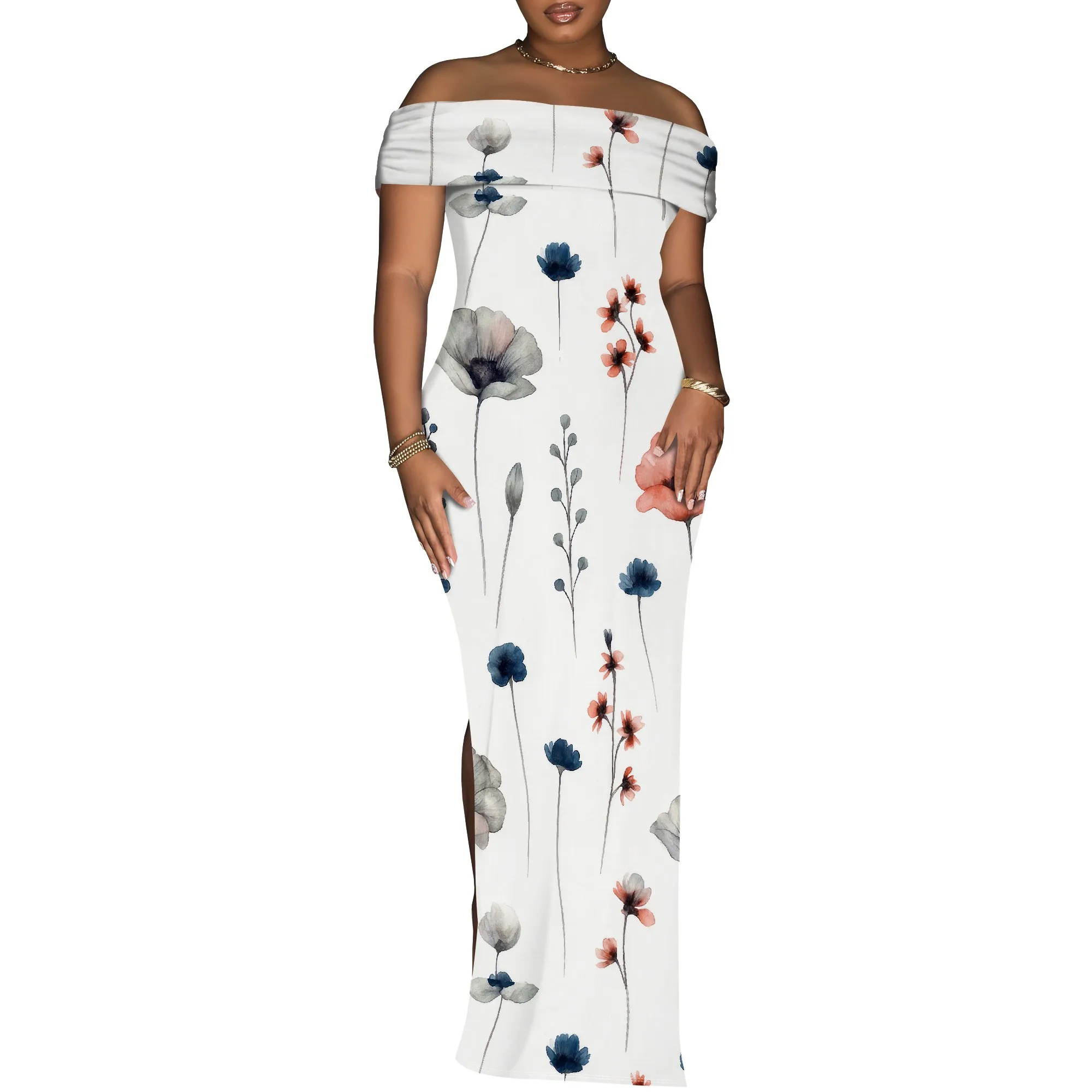 

Plus Size Floor Length Dresses for Curvy Women Casual Short Sleeve Strapless Maxi Dress with Slit Sexy Vacation Sundress