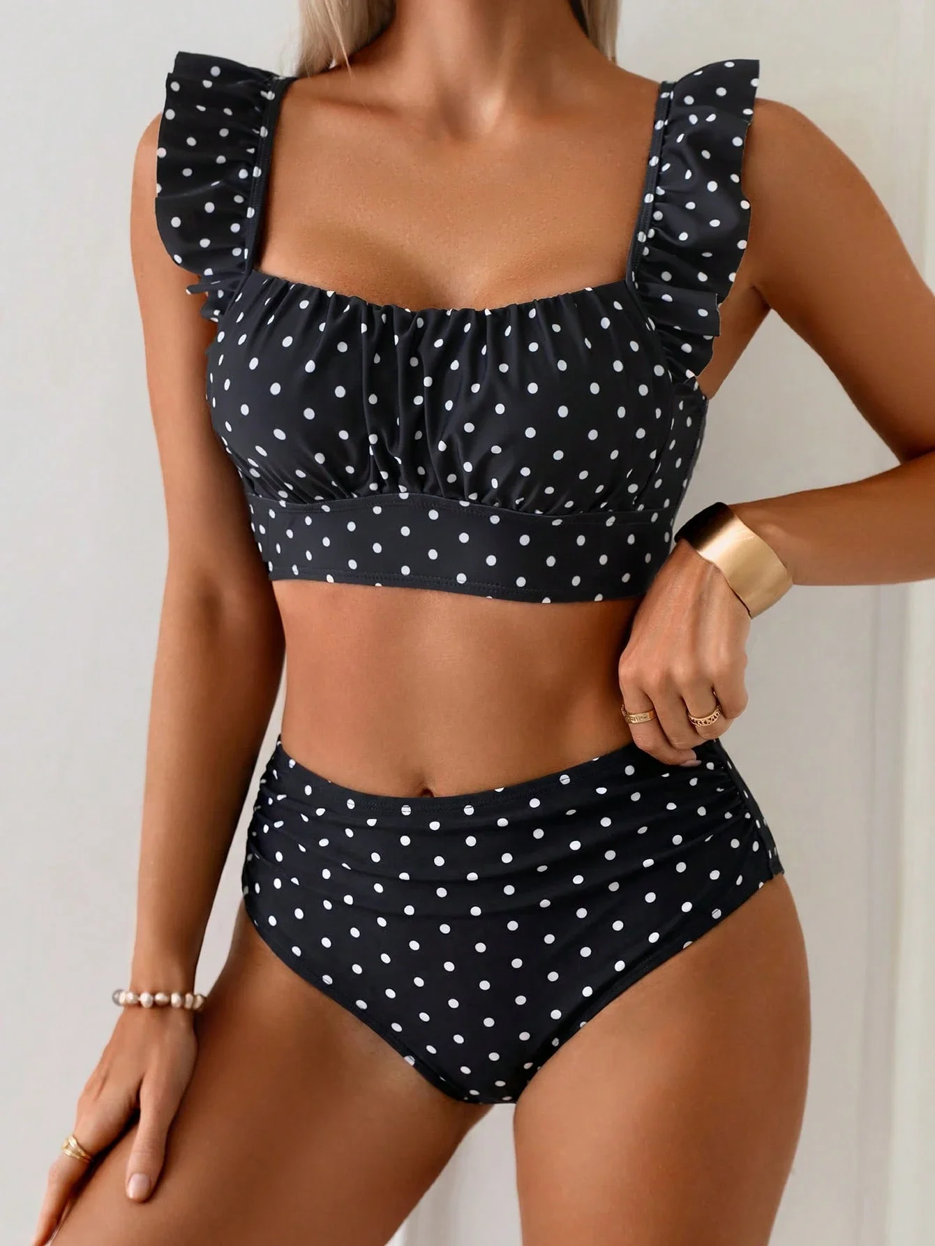 

Black White Polka Dot Ruffle Strap High Waist Bikini Set