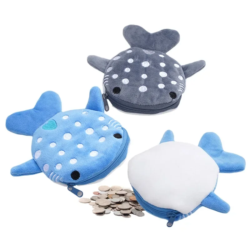 Women's Small Cute Cartoon Plush Shark Coin Purse Plush Animal Money Card Key Earphone Wallet for Women Kids Zipper Coin Bag