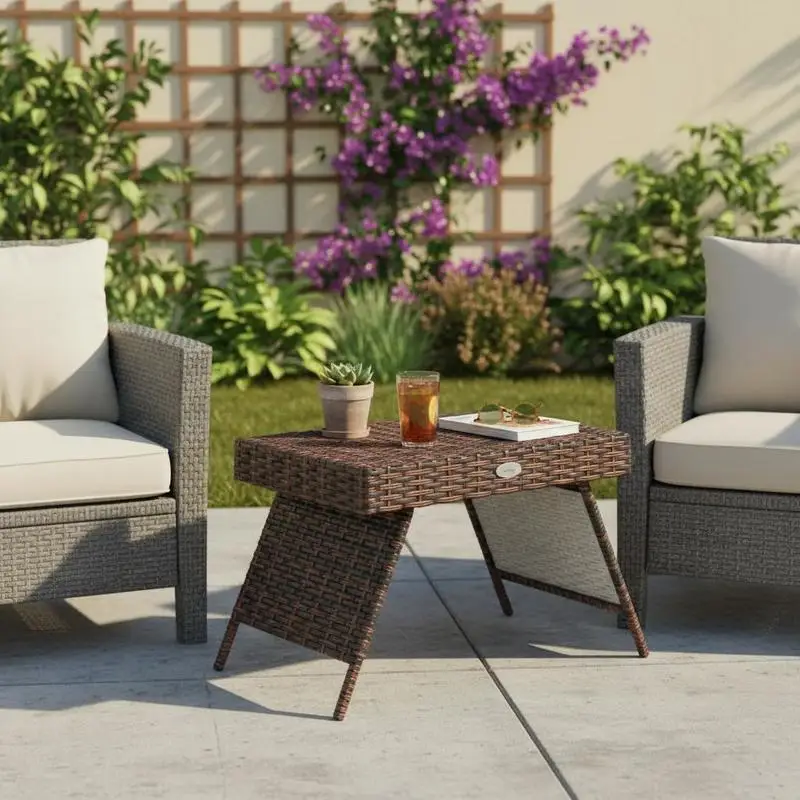 

Foldable Outdoor Side Table, Rattan Garden Coffee Table with Steel Frame, Space Saving Bistro Garden Furniture for Patio, Bal