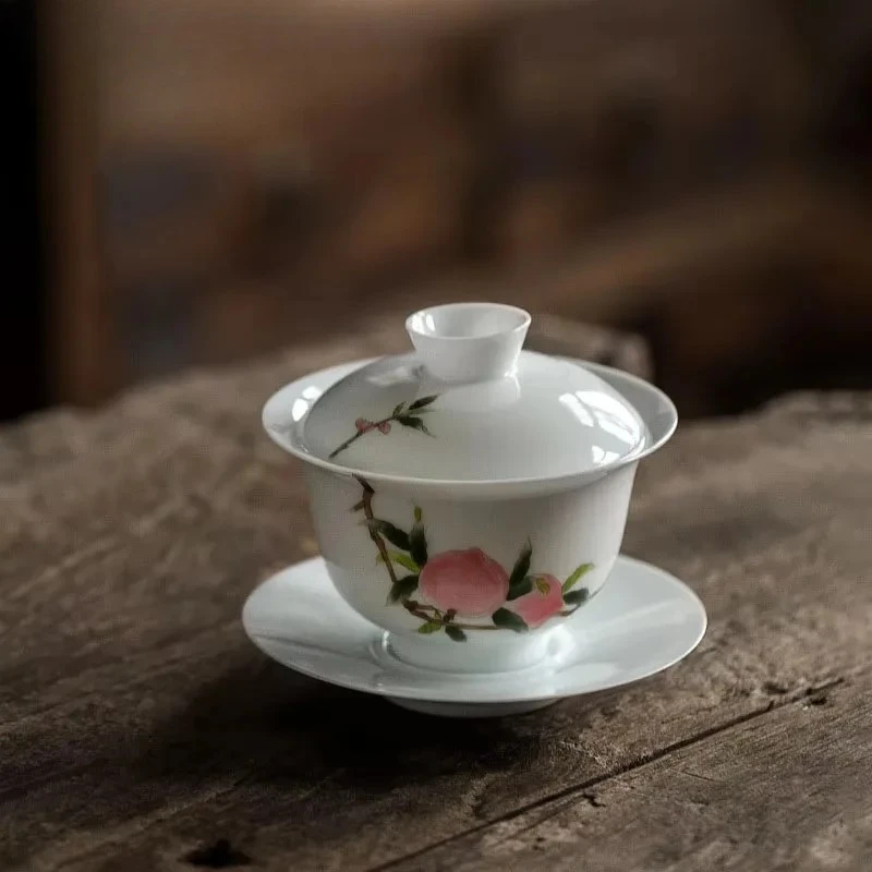 

160 мл ручная роспись персикового чая Tureen Белый нефритовый фарфор Wish Керамическая чаша GaiWan с крышкой Sancai Da Hong Pao Чайная чашка