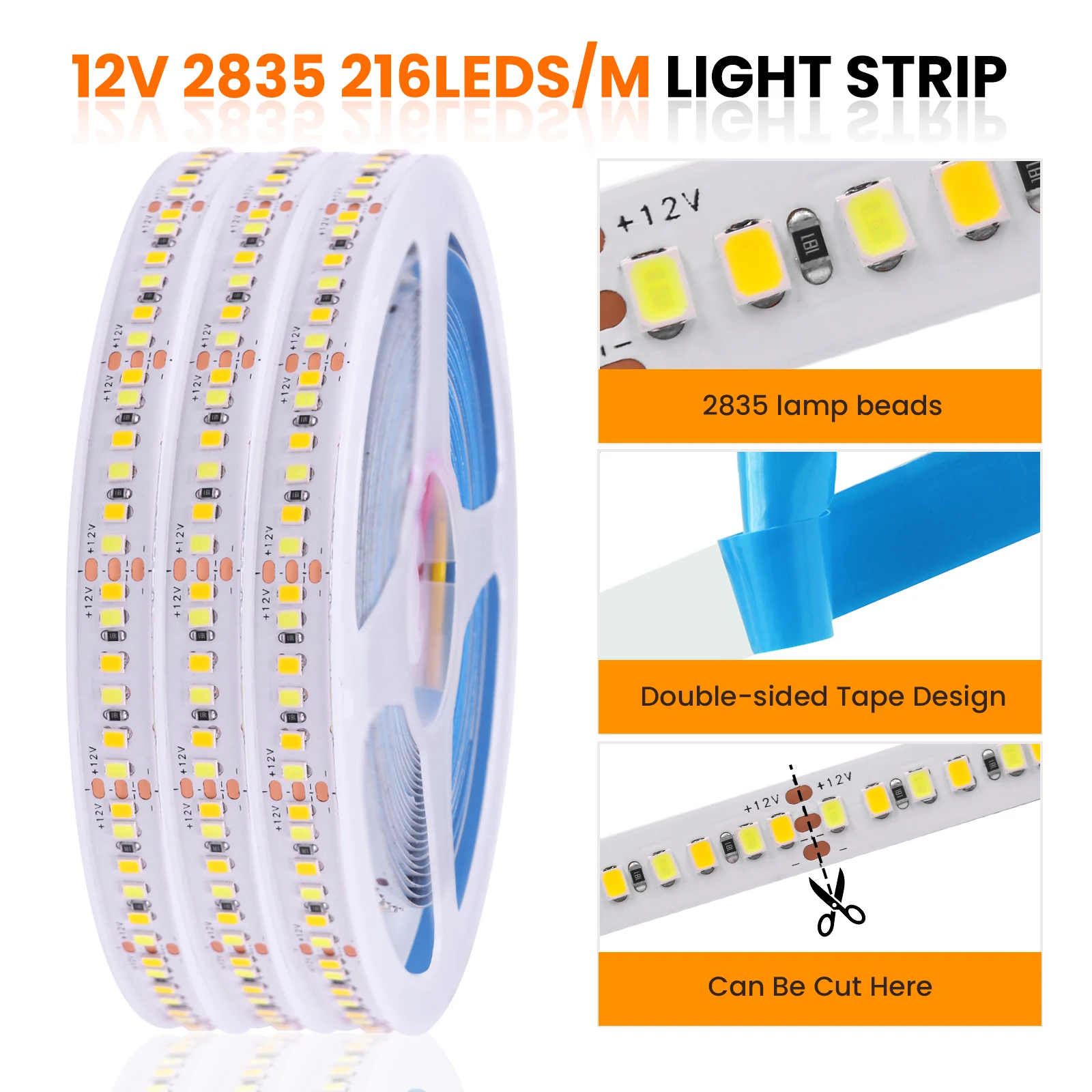 

Светодиодная лента CCT 12В SMD2835, 216 светодиодов/м, белая/тепло-белая, гибкая лента-ролик, 10мм PCB, для освещения помещений, 5м