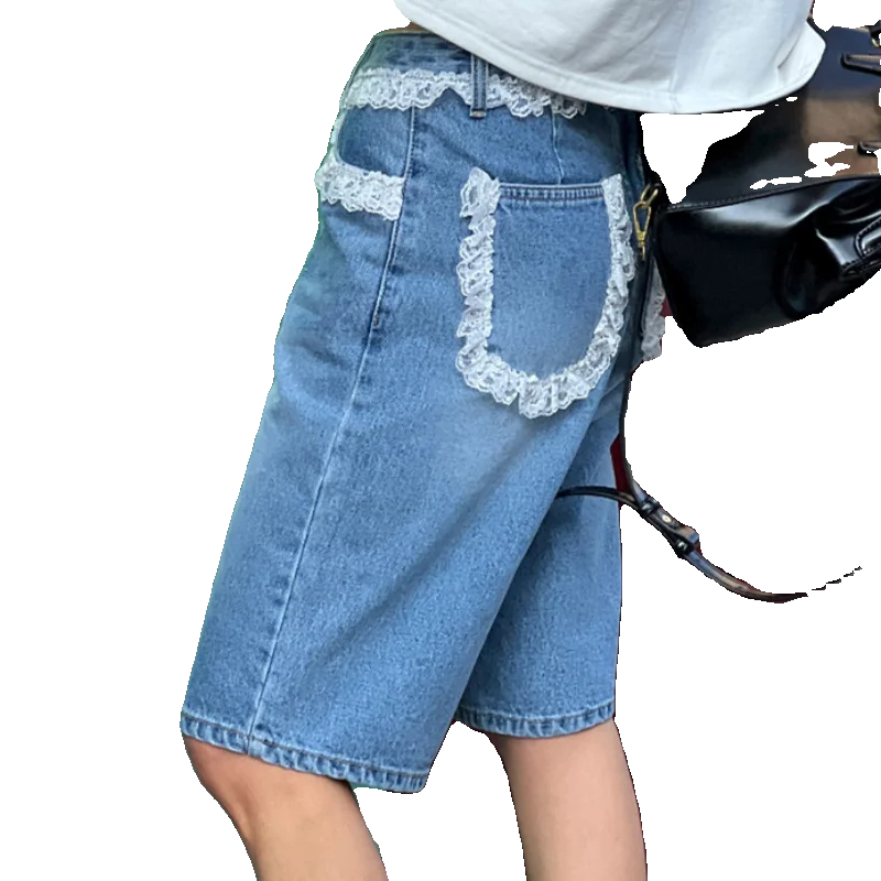 Denim jeans met retro getailleerde kanten rand Dames losse rechte snit Agel Veelzijdige vijfkwart middenbroek Hoge taille Lente zomer