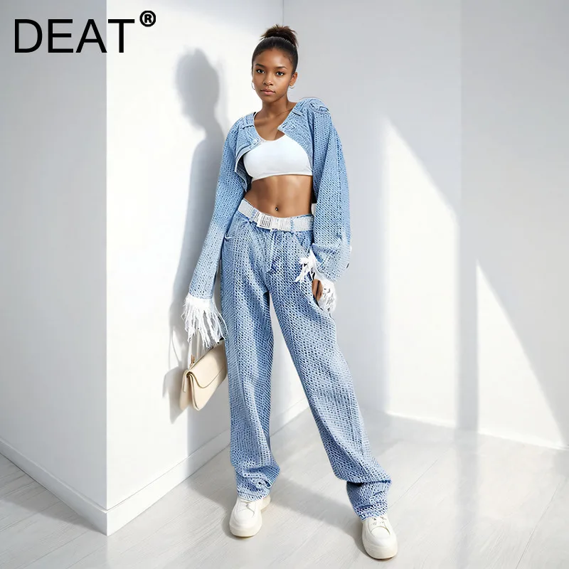 DEAT Fashion Two-piece Set For Women Tassel Long Sleeve  Denim Coats High Waist Jeans Solid Color Female 2024 Winter New MK35905