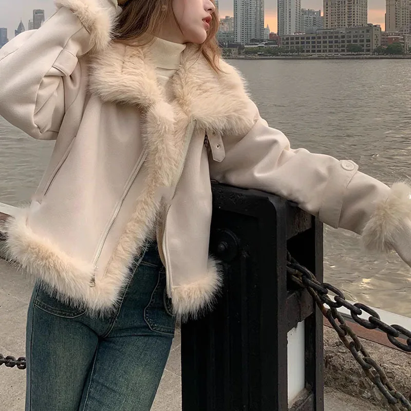 Faux Fur Lapel Winter Coat Women Leather and Furs Jacket Zipper Double Faced Leather Jackets Long Sleeve Spliced Stylish Coats