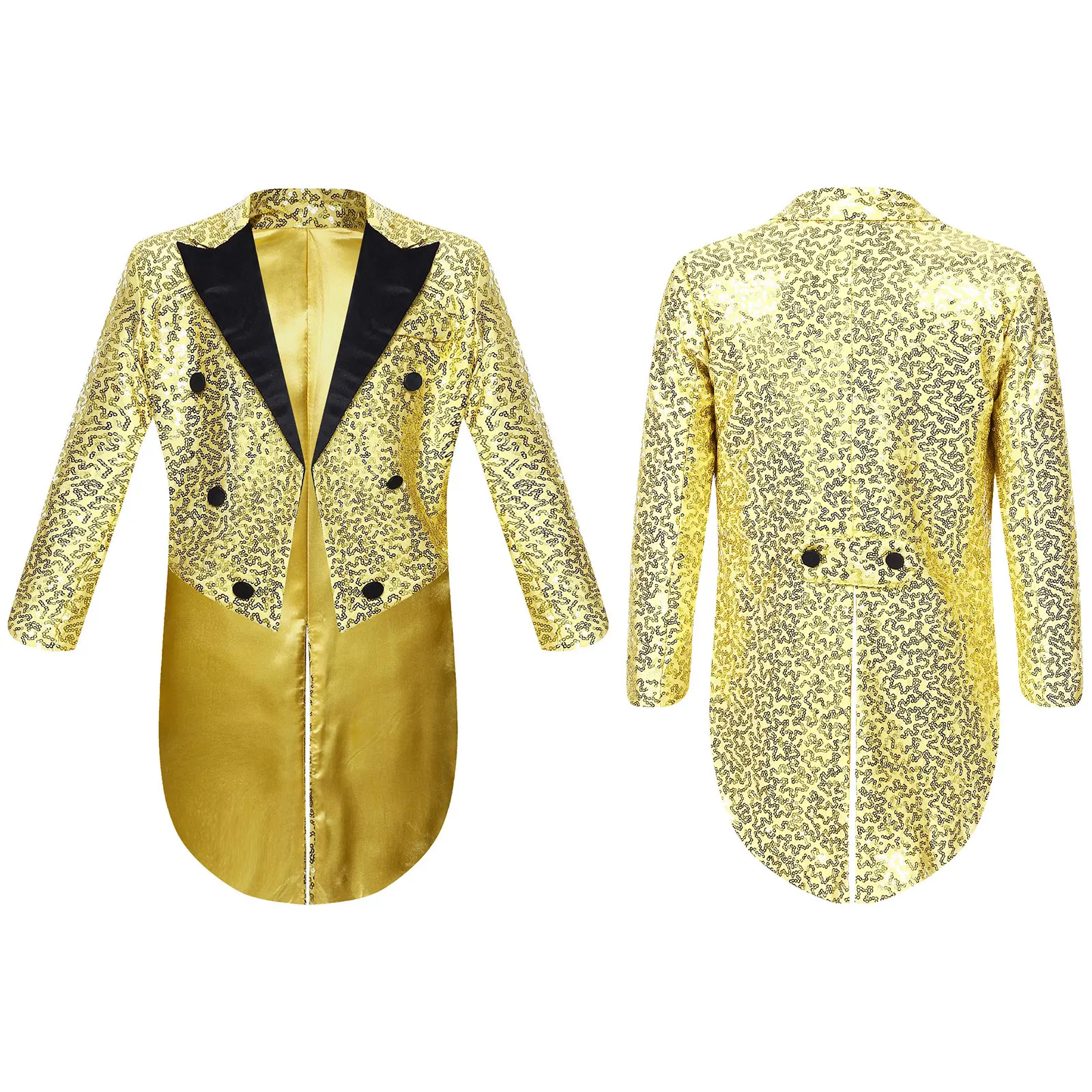 

Kids Boys Shiny Sequins Tailcoat Long Sleeve Satin Peaked Lapel Blazer Jacket for Circus Party Magic Shows Dancing Performance