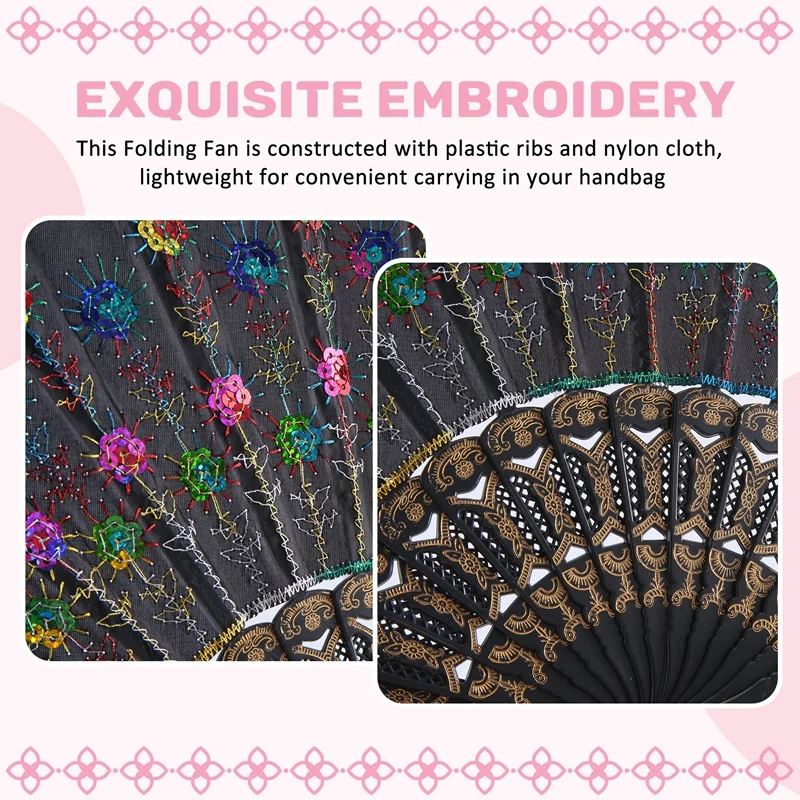 ●SODIAL(R) Colored Embroidered Flower Pattern Black Cloth Folding Hand Fan for Woman-ABFB