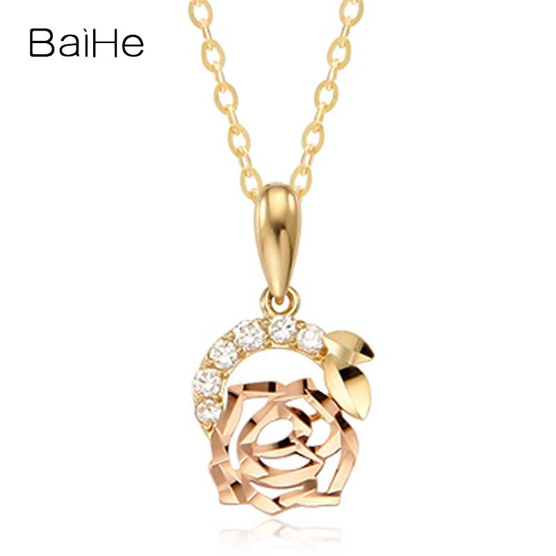 BAIHE Solid 14K Yellow+Rose Gold H/SI Natural Diamond Rose Flower Pendant Necklace Women Fine Jewelry Making Collier Fleur Rose