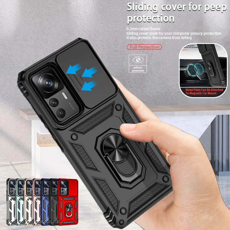 For xiaomi 12t pro case slide camera protect armor phone case for xiaomi 12t mi112 mi 12 t pro xiaomi12t holder ring back cover