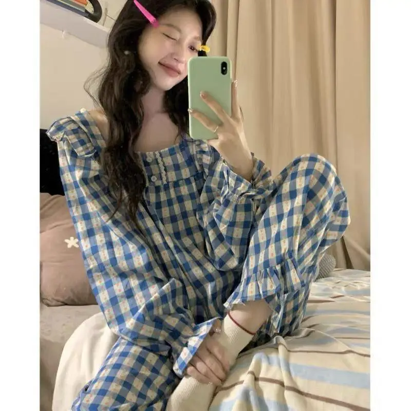 Two Piece Set of Lapel Pajamas Cuff Cuff Design Fashionable Loungewear Lotus Leaf Edge Flowers Soft and Comfortable