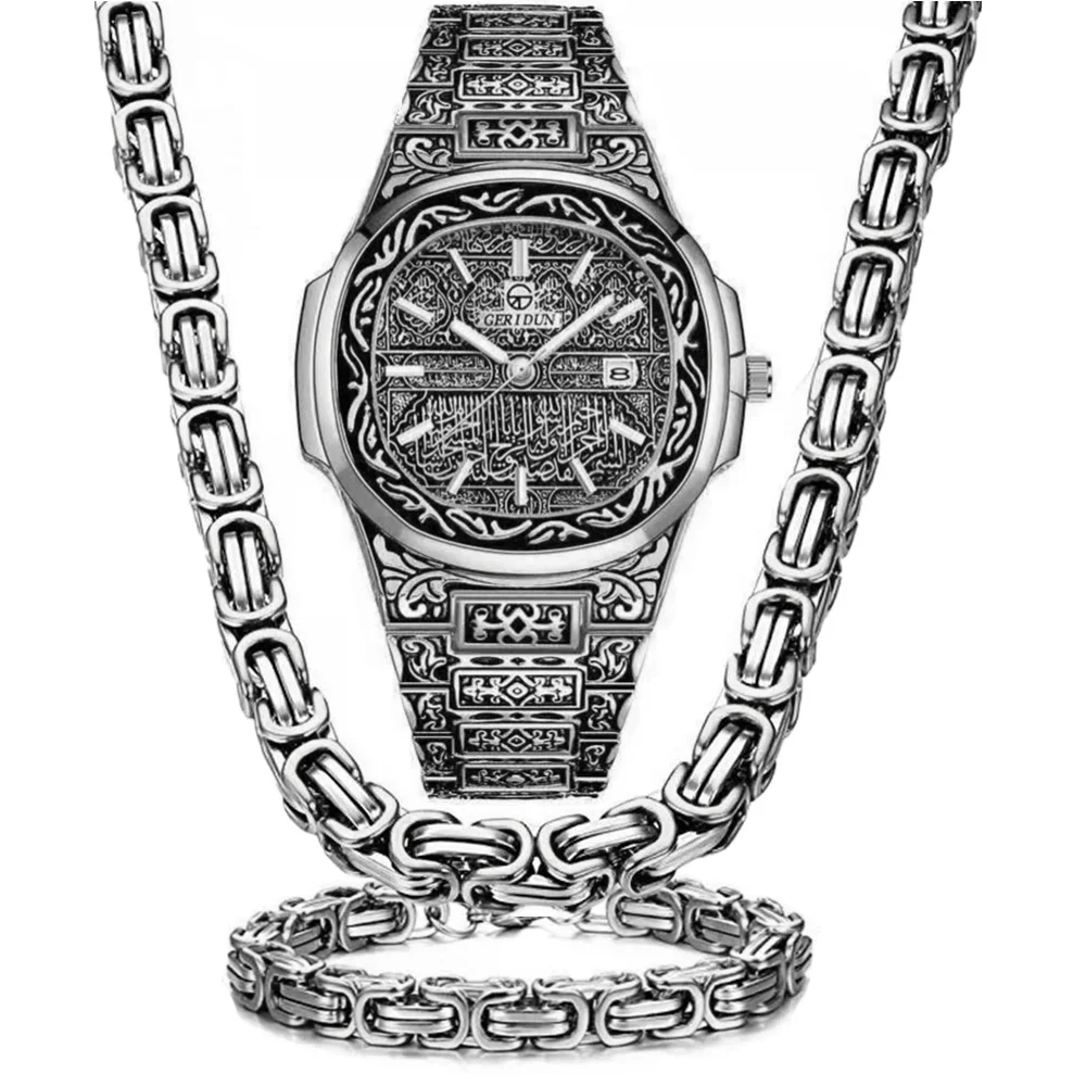 

Necklace Watch Bracelet Never Fade Hip Hop Luxury Stainless Steel 8mm Imperial Chain Golden Wristwatch Men Jewelry Vintage Set