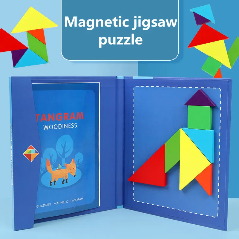 

Wooden magnetic intelligence color jigsaw puzzle children early education fun puzzle development toy book clip colorful tangram