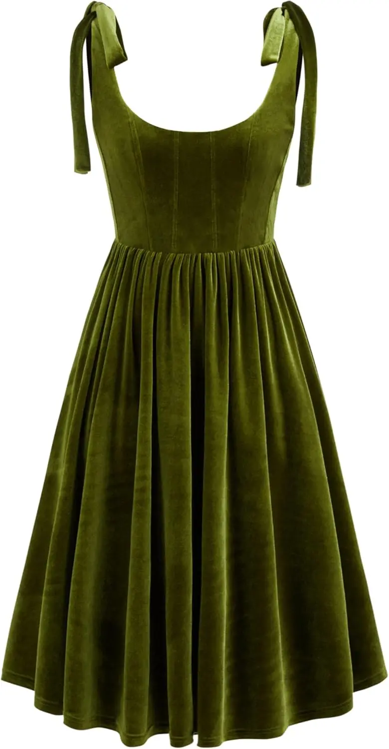 女性用ベルベットドレス-ミディ-ソリッド-ノット-スクープネックライン-ノースリーブ-カクテルパーティー-イブニングドレス-パーティー-プロムドレス