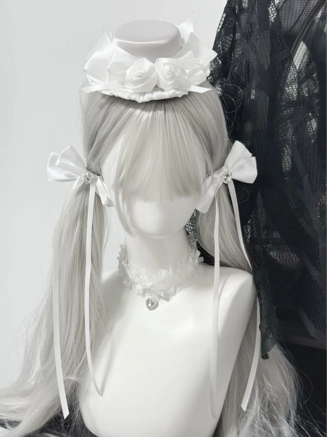 로리타 하라주쿠 Y2K 소녀 고딕 모자 화이트 로즈 작은 모자 머리핀 화이트 JK 보우 헤어 클립 액세서리