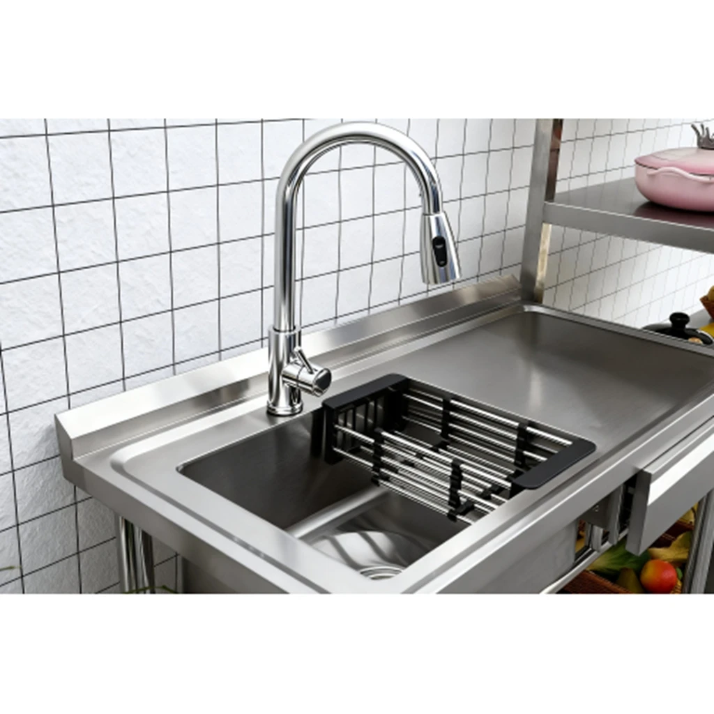 Mehrzweckwaschbecken aus Edelstahl, freistehendes Waschbecken, ausziehbares Wasserhahn-Design, mehrere Speicherräume, leicht zu reinigen und bequem