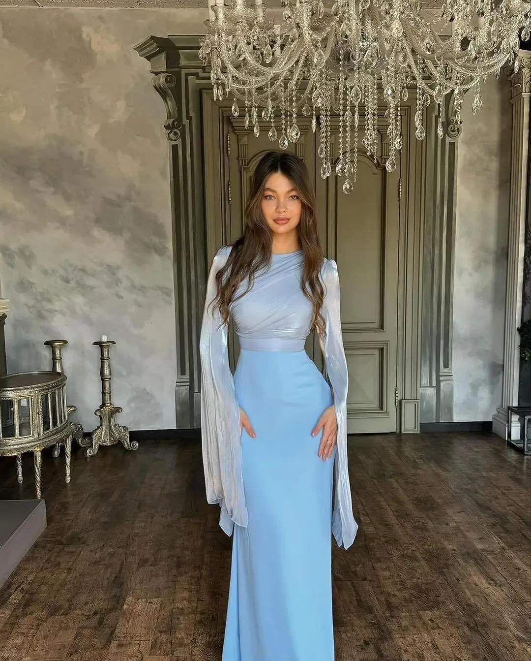 Ciynsia Simple Light Blue Evening Dresses A-Line Pleats Chiffon Long Sleeves Dubai Formal Party Gowns Modest Robe De Soiree