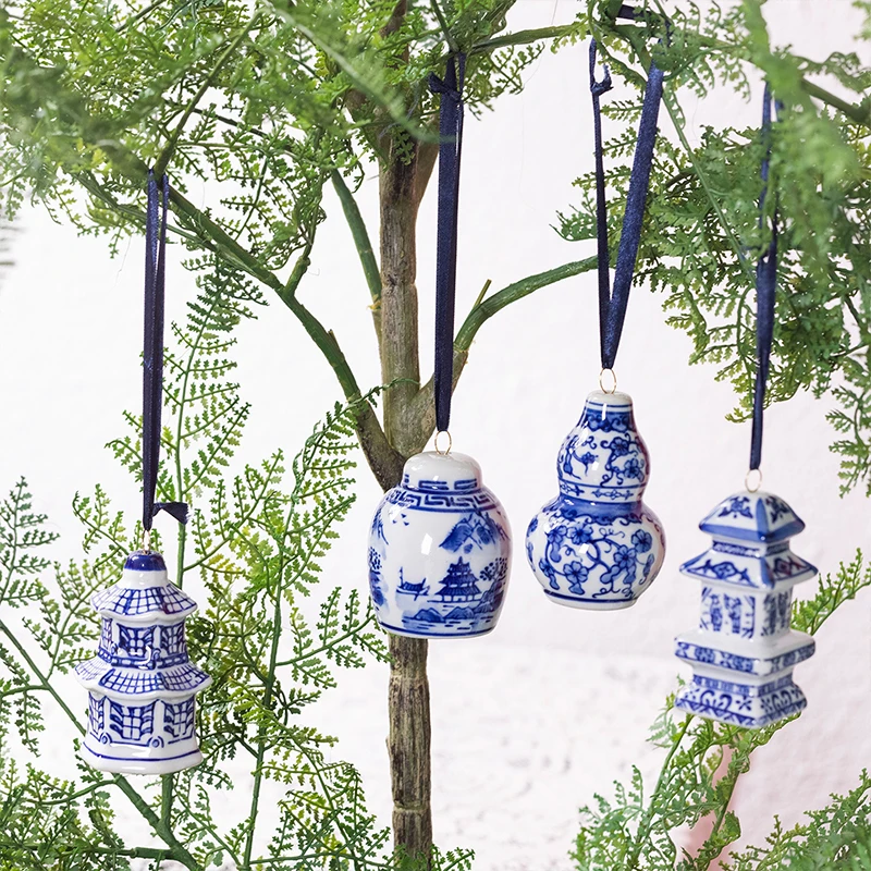 

Antique Style Ceramic Hanging Ornaments Mini Blue And White Porcelain Jar Teapot Wind Chime Car Christmas Tree Decor Pendants