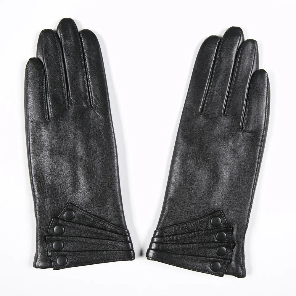 GOURS-Gants d\'hiver en cuir véritable pour femme, gants noirs en peau de chèvre véritable, doublure sourire, chauds et doux, boutons de conduite à