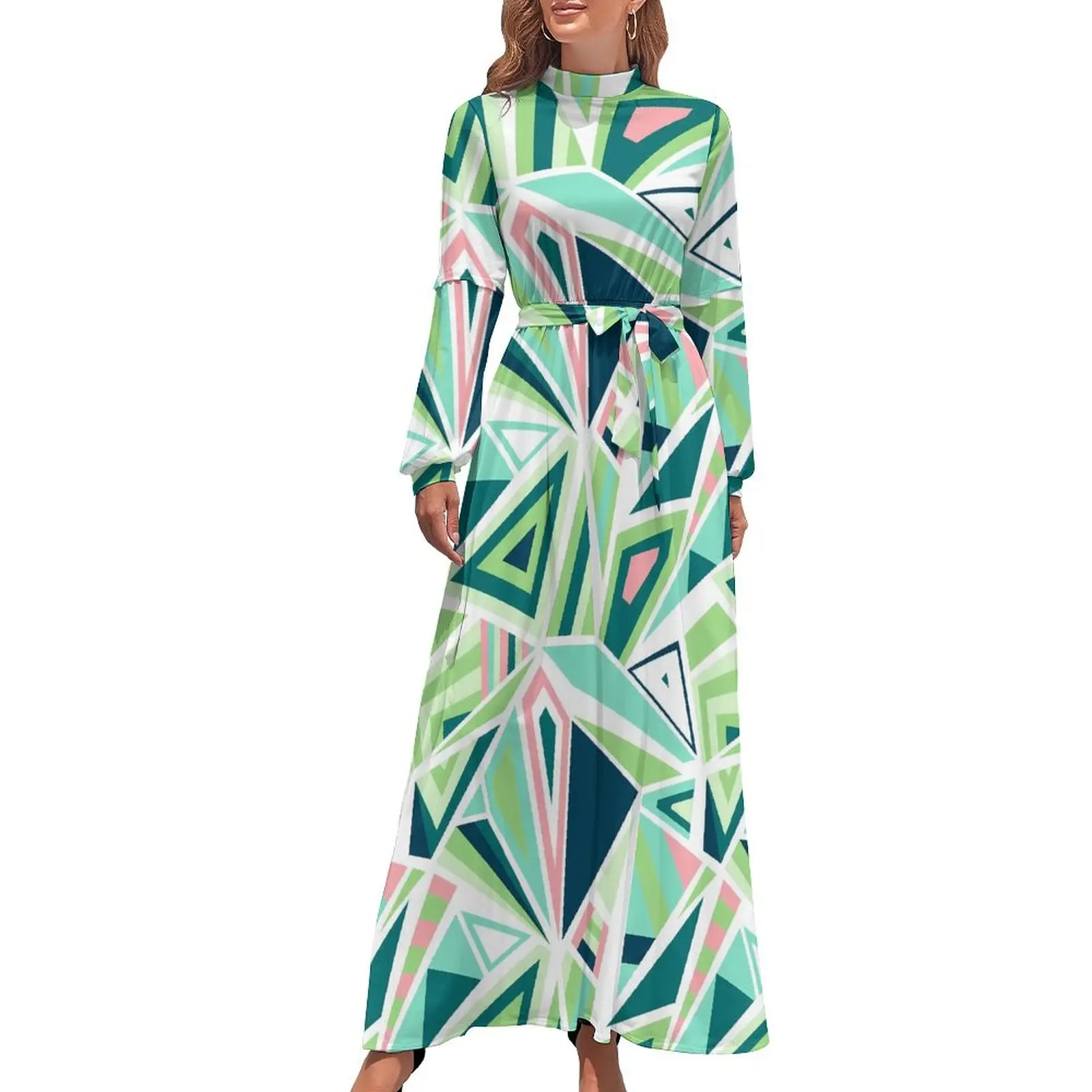 Color Block Print Dress Long Sleeve Green Triangle Kawaii Maxi Dress High Waist Aesthetic Custom Boho Beach Long Dresses Gift