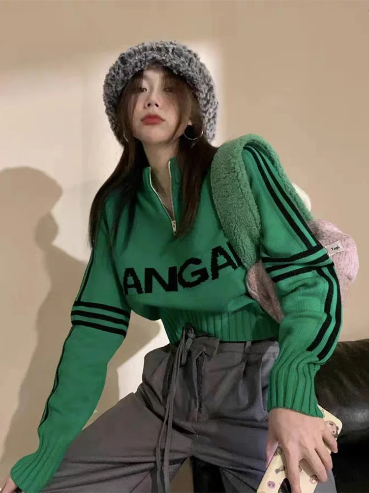 

Women Korean Style Stand Collar Zipper Long Sleeve Fashion Knitted Letter Print Shirt Loose Outer Top Slim Sweater