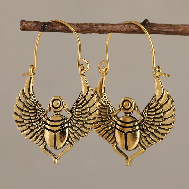 Fashion Scarab Wing Pattern Dangle Earrings Egyptian Retro Tribal Style Gold Color Drop Earrings Personality Jewelry Gothic Y2K