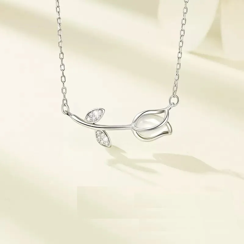 Real 925 Sterling Silver Zircon CZ Tulip Flower Pendant Necklace Choker For Women Cute Fine Jewelry Minimalist Accessories