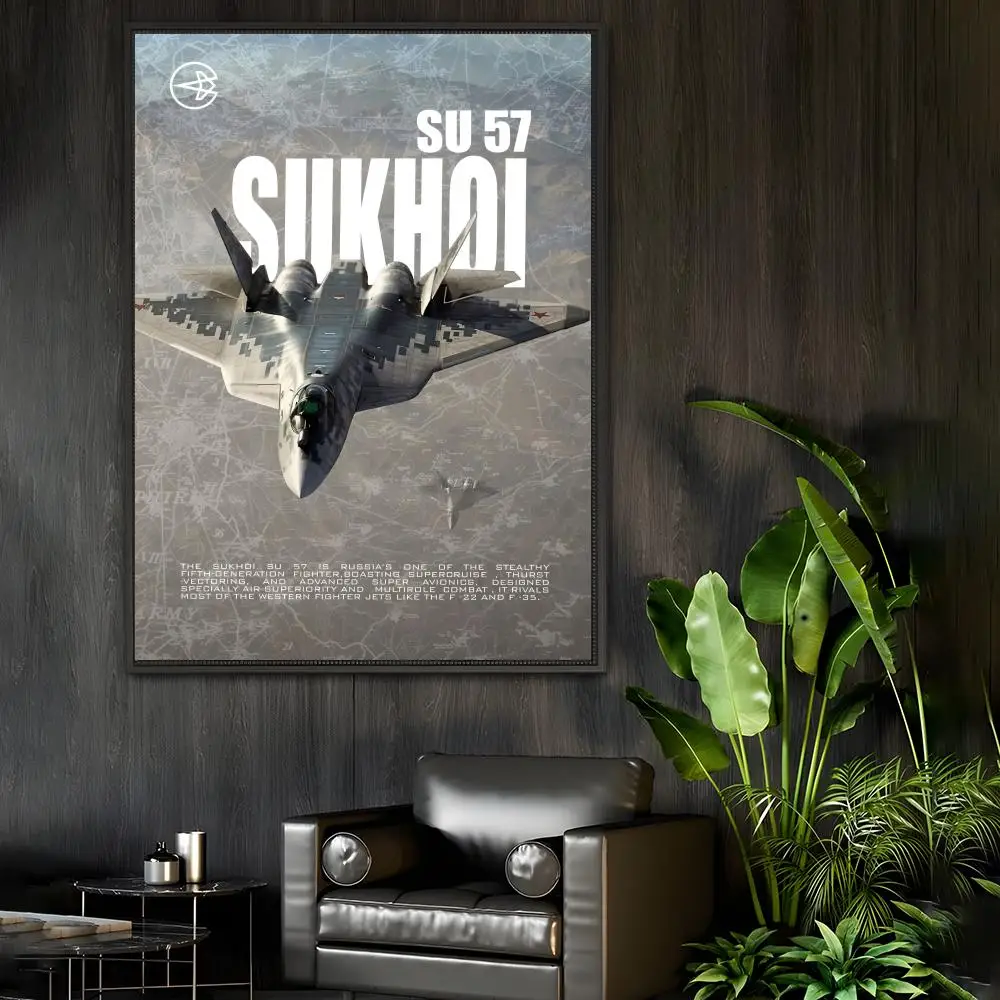 SU 57 Russian Fighter Aircraft Poster Home Living Bed Room Bar Hallway Sticky Wall Art Printing Waterproof Aesthetic Decor