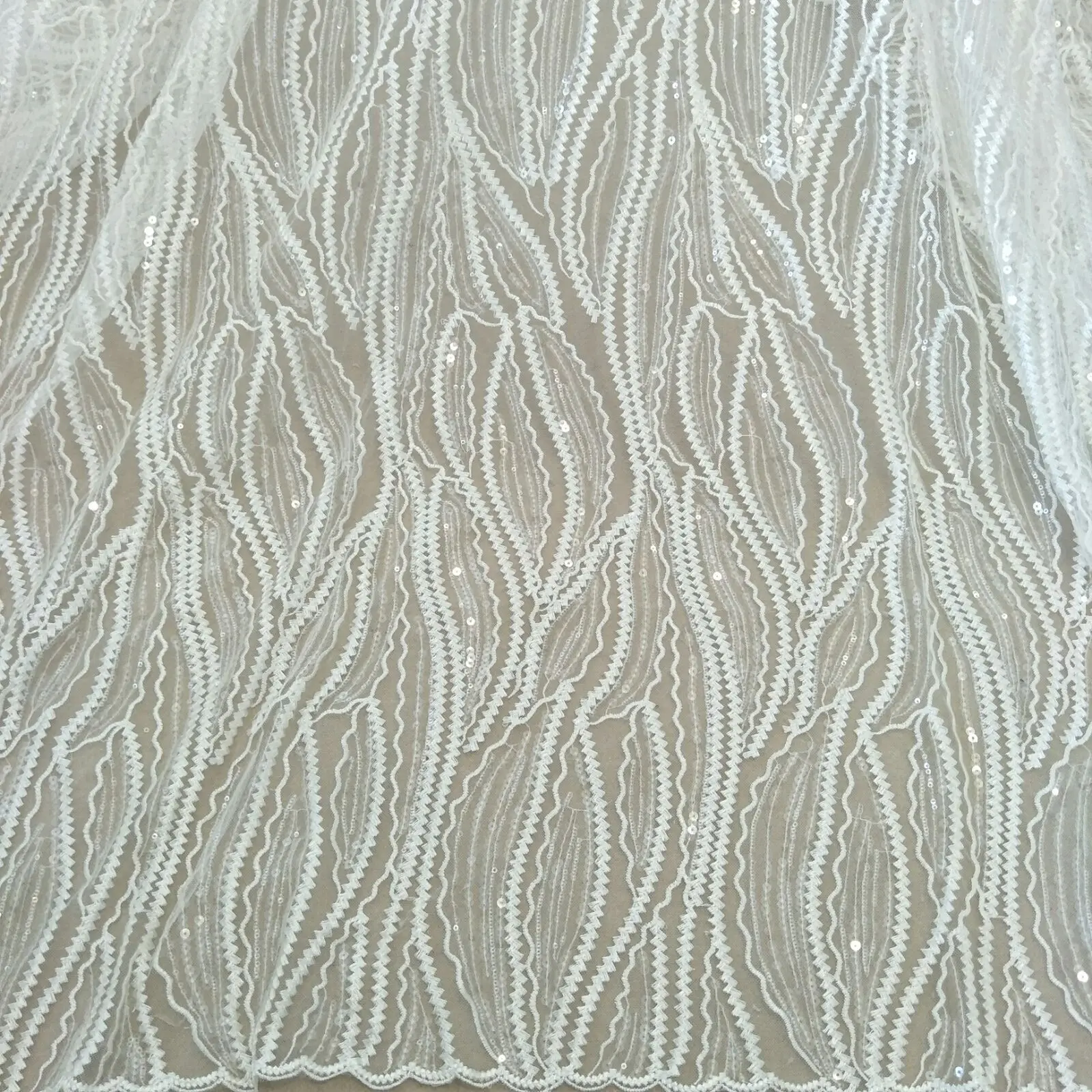 Fashion line sequins lace fabric 130cm width dress lace fabric wedding gown dress lace sell by yard