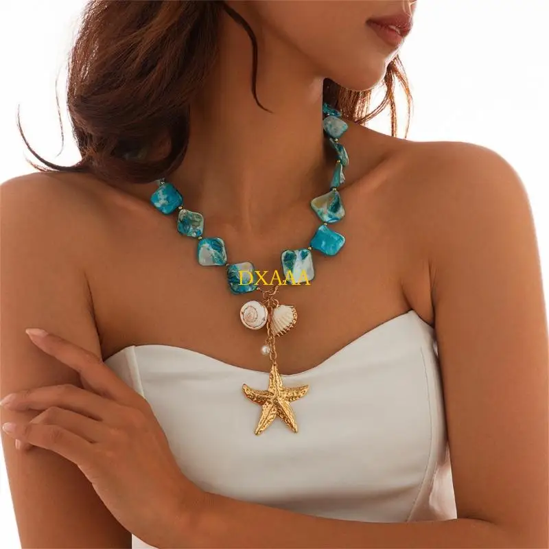 

DXAA Sea Shell Starfishs Pendant Necklace Statement Thick Necklace Beach Jewelry