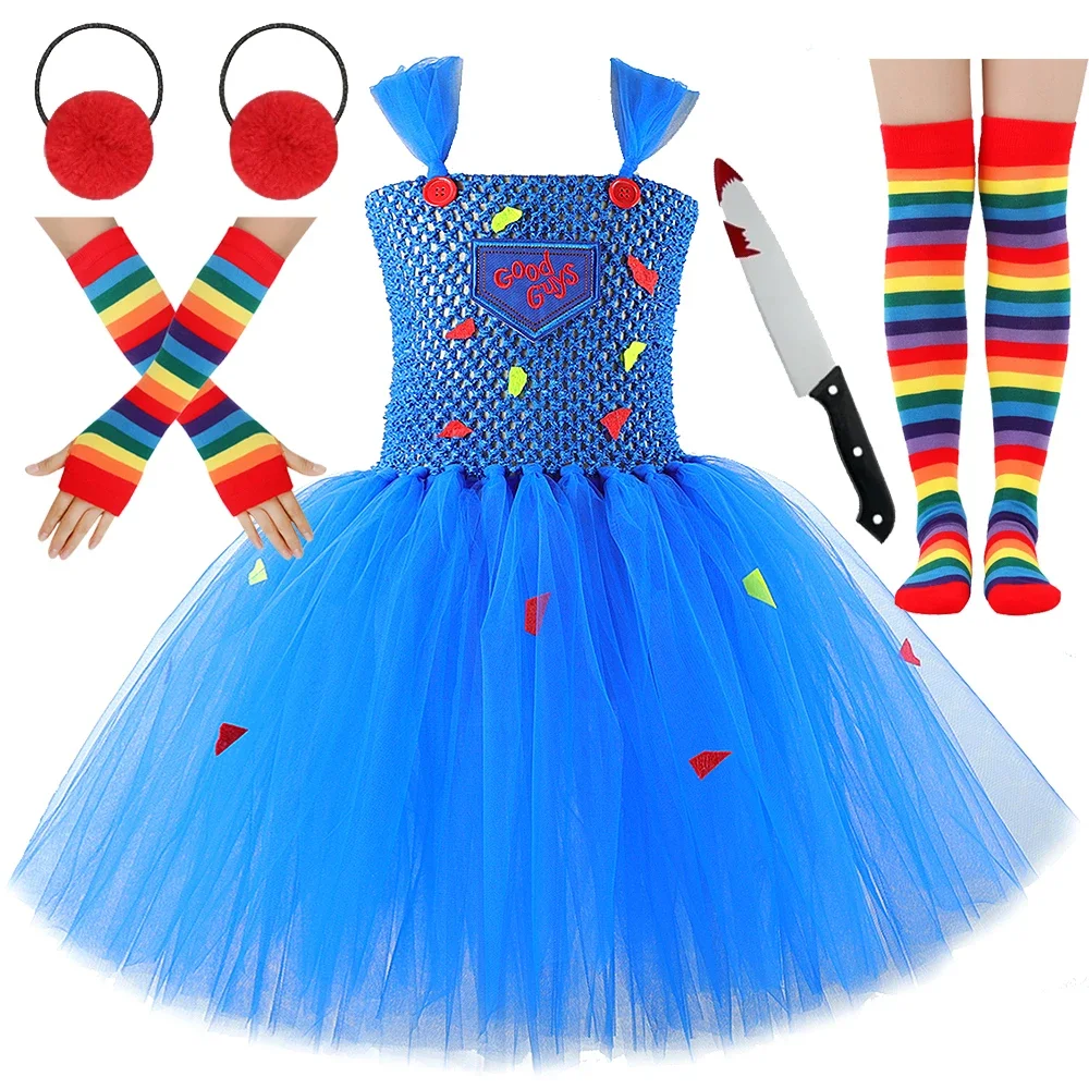 Children Halloween Chucky Costumes for Baby Girls Scary Ghost Doll Killer Fancy Tutu Dress for Kids Carnival Party Horror Outfit