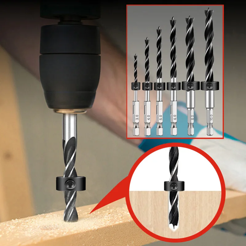 

5 шт. шестиугольная ручка, трехконечное деревообрабатывающее сверло и набор позиционеров глубины, электроинструмент для развертывания отверстий в дереве