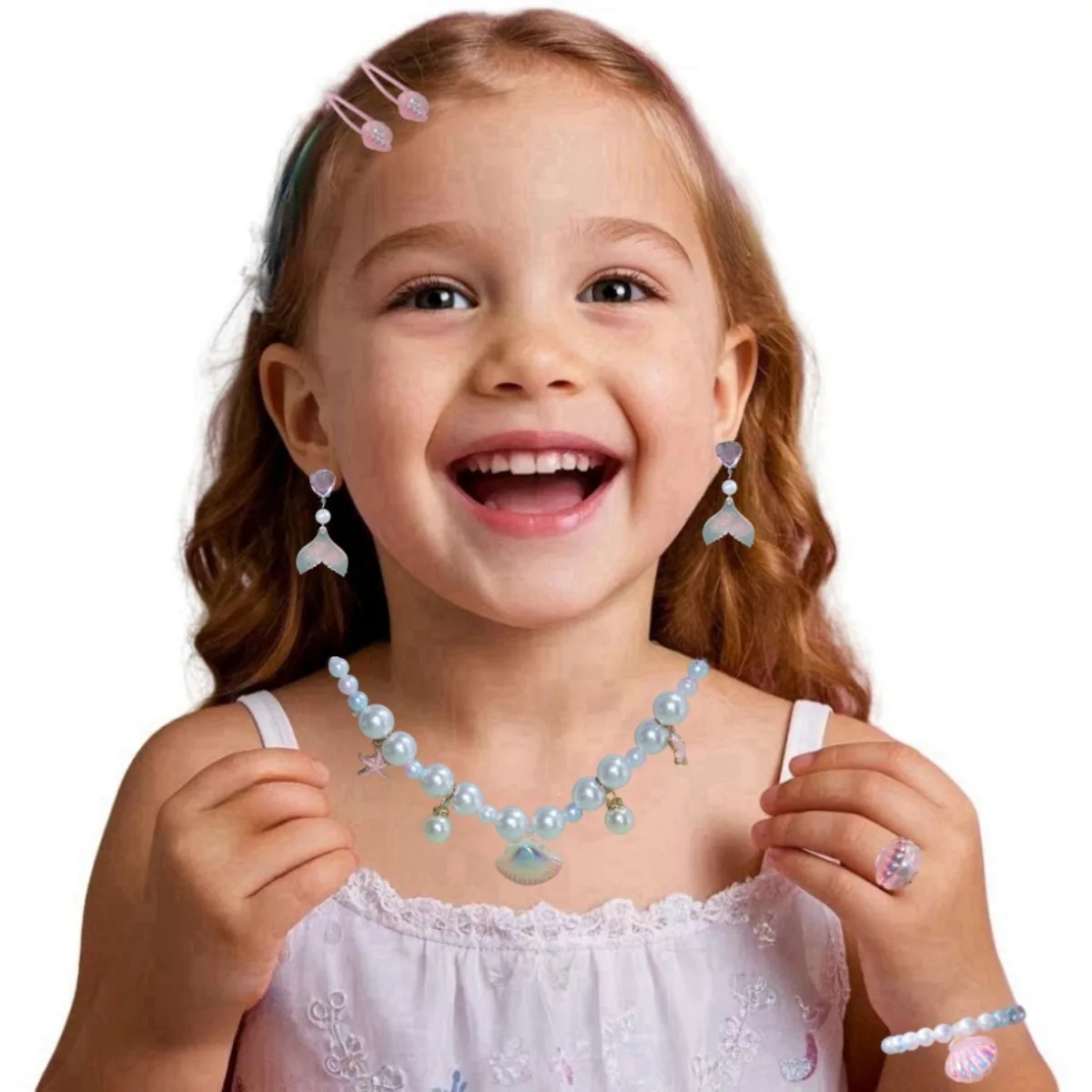 5 قطع طفل حورية البحر مجموعة للفتيات تقليد اللؤلؤ شل الأميرة اكسسوارات لطيف قلادة أقراط حلقة سوار مشبك شعر هدية