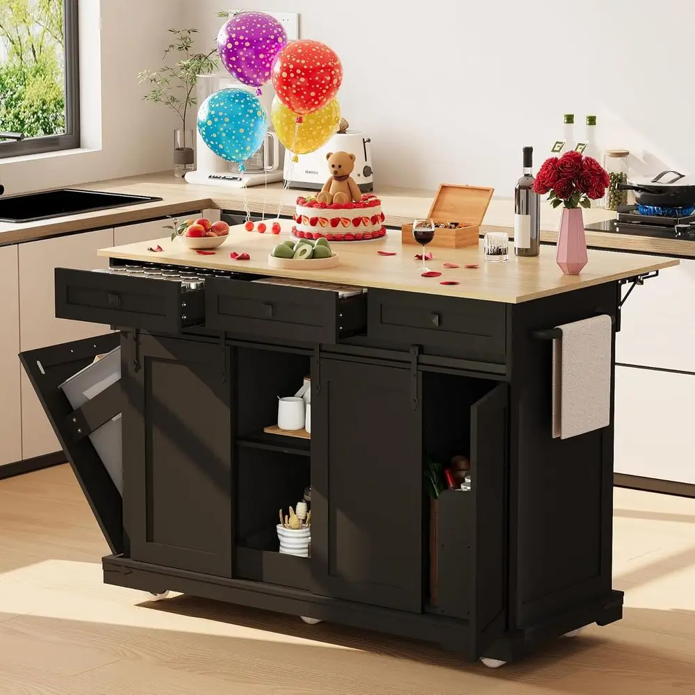 

Portable Kitchen Island with Power Outlet, Drop Leaf, Storage, Spice Rack, and Towel Holder, Black