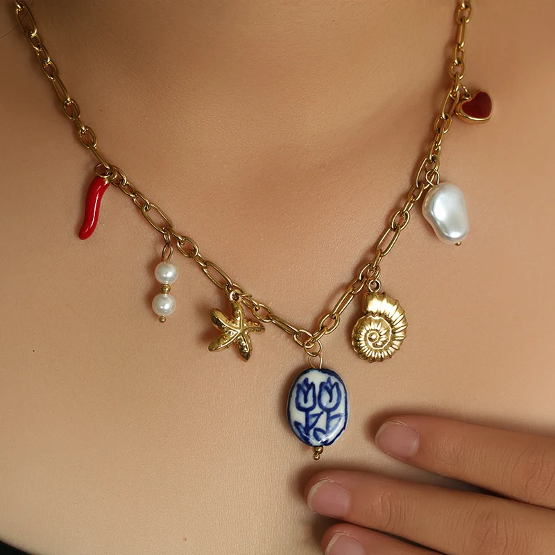 EILIECK 316L Edelstahl-Anhänger Perlen-Stern Celadon-Anhänger Halskette für Damen Goldene Beliebte Sommermode-Schmuckstücke – Detail 7