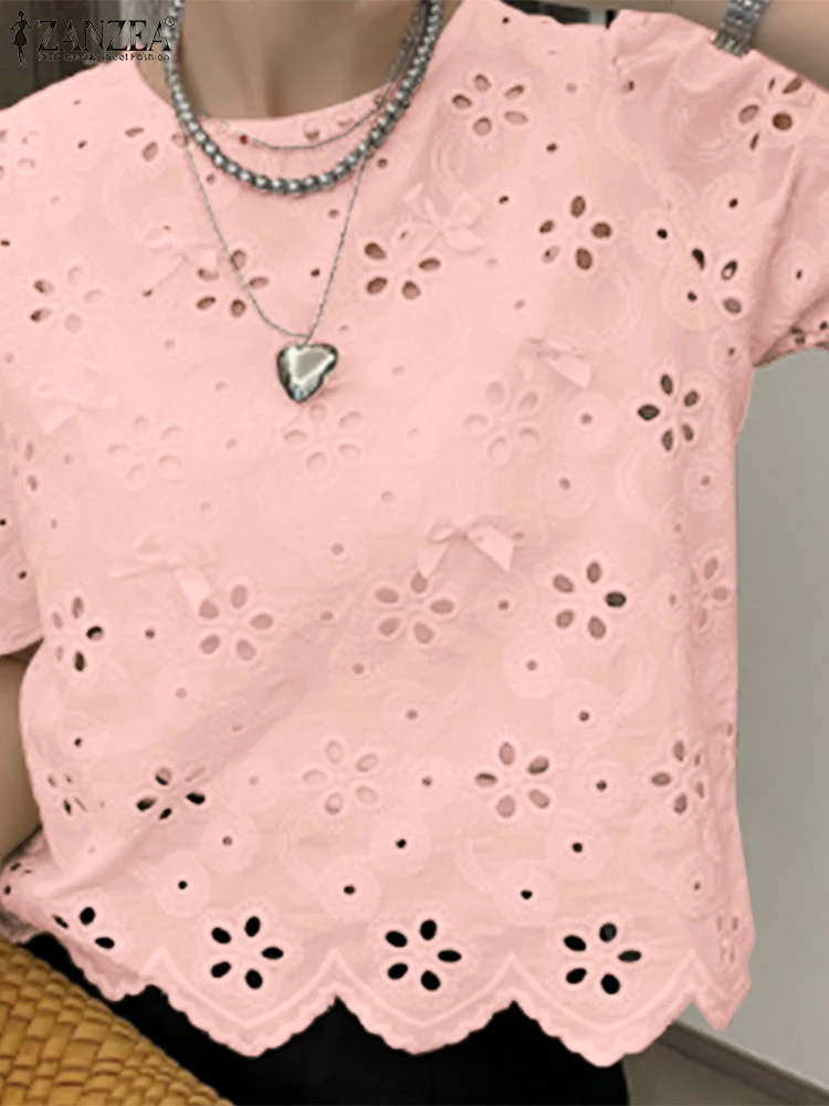 

Bohemian Bowtie Stitching Shirt ZANZEA Women Hollow Out Summer Tops Sweety Korean Short Sleeve Blouse 2025 Casual Cotton Tunics