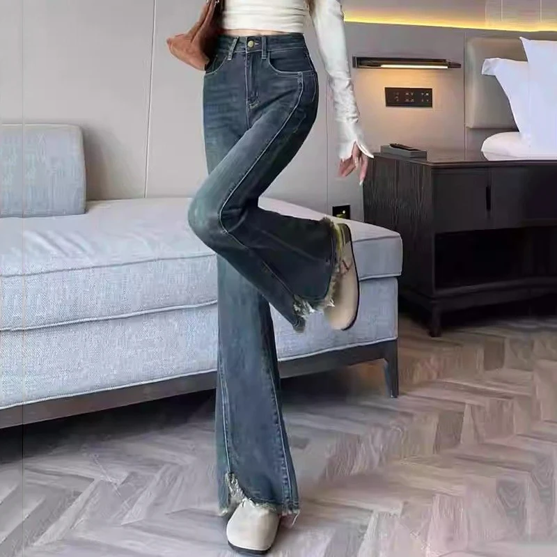Retro Blue High Waist Flare Pants for Women Summer New Rough Edge Slim Long Jeans Ladies Fashion Pocket Decor Full Denim Pants