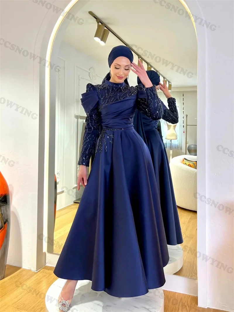 Robe de Soirée en Satin Bleu Marine pour Femme Musulmane, Tenue Arabe à Manches sulf, avec des Appliques Perlées, Hijab Islamique